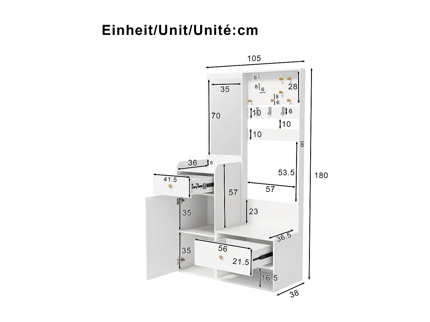 Set guardaroba d'ingresso 105x38x180 cm - con specchio - con ganci regolabili - 2 cassetti e 1 anta - Bianco