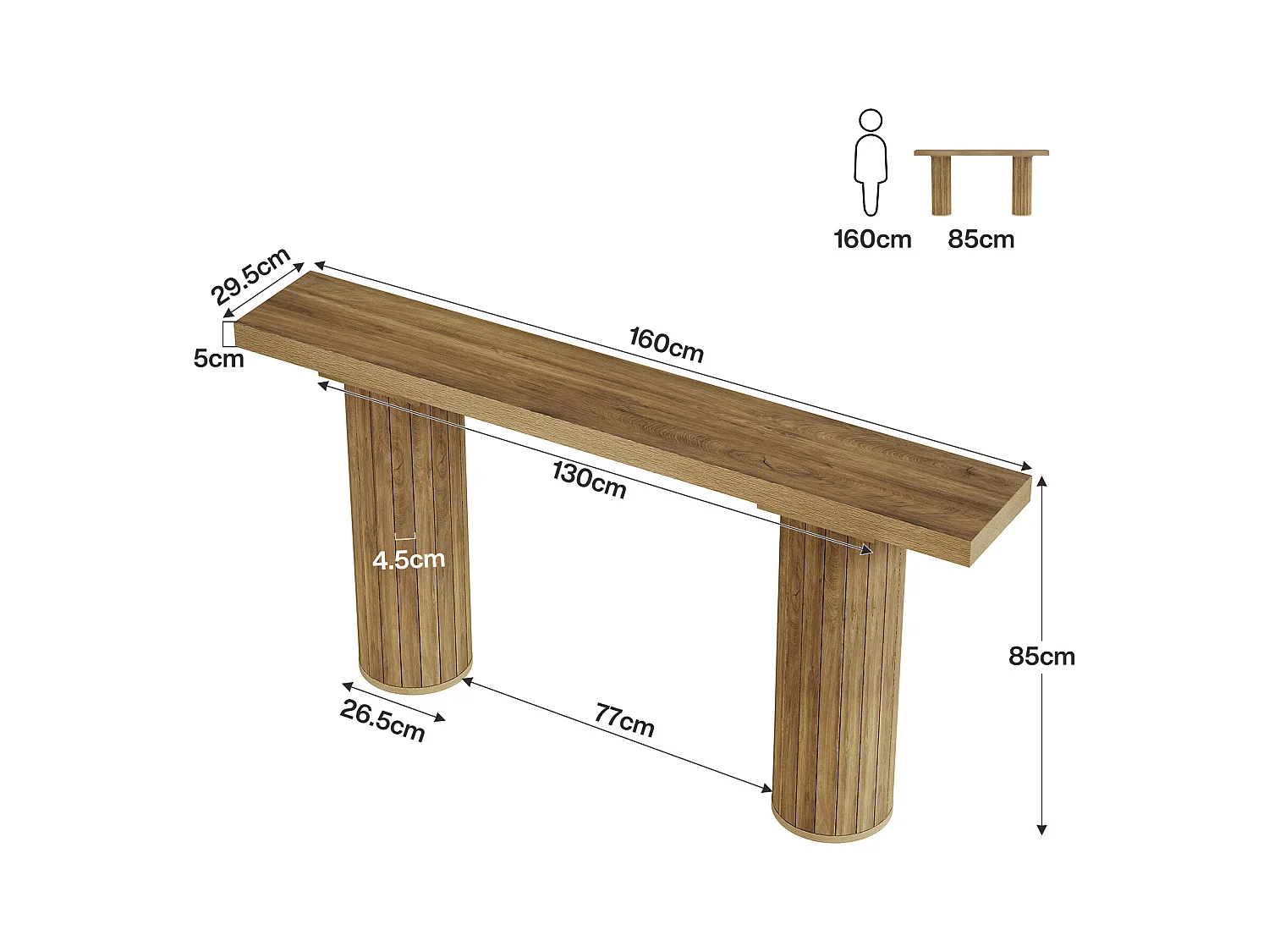 Table console extra-longue de 160 cm, table d'entrée rectangulaire, table de canapé derrière le canapé