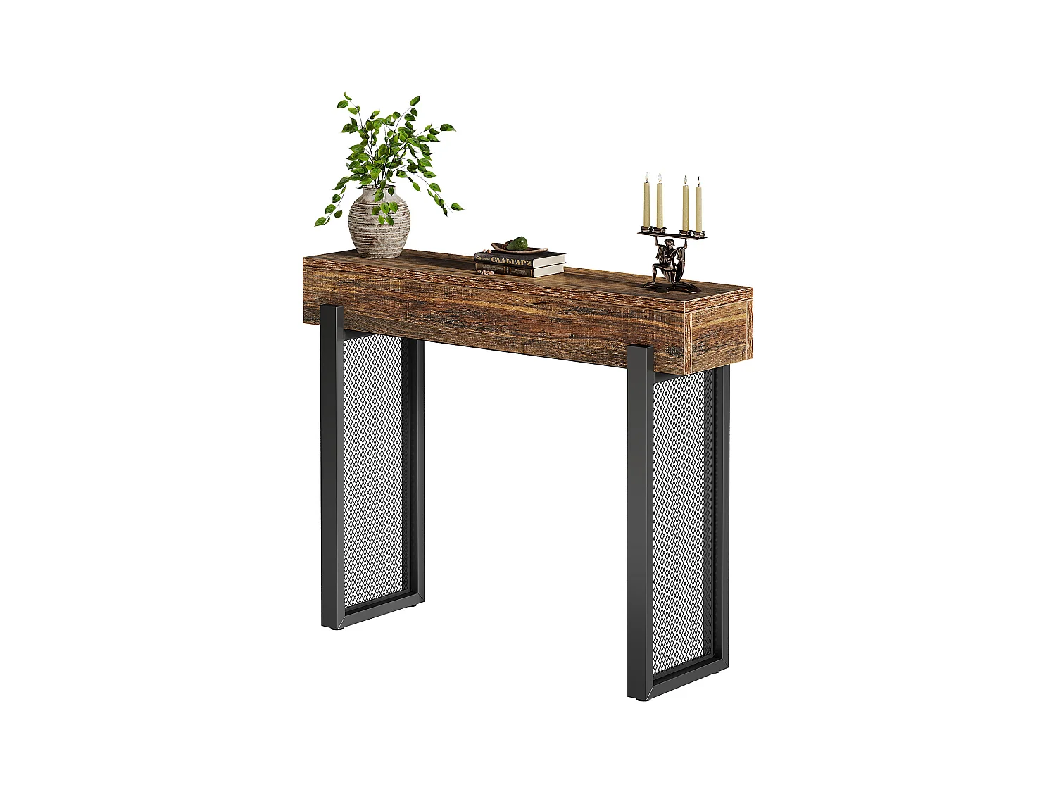 Console en bois de 105 cm avec rangement, petite table d'entrée industrielle avec pieds en métal maillé