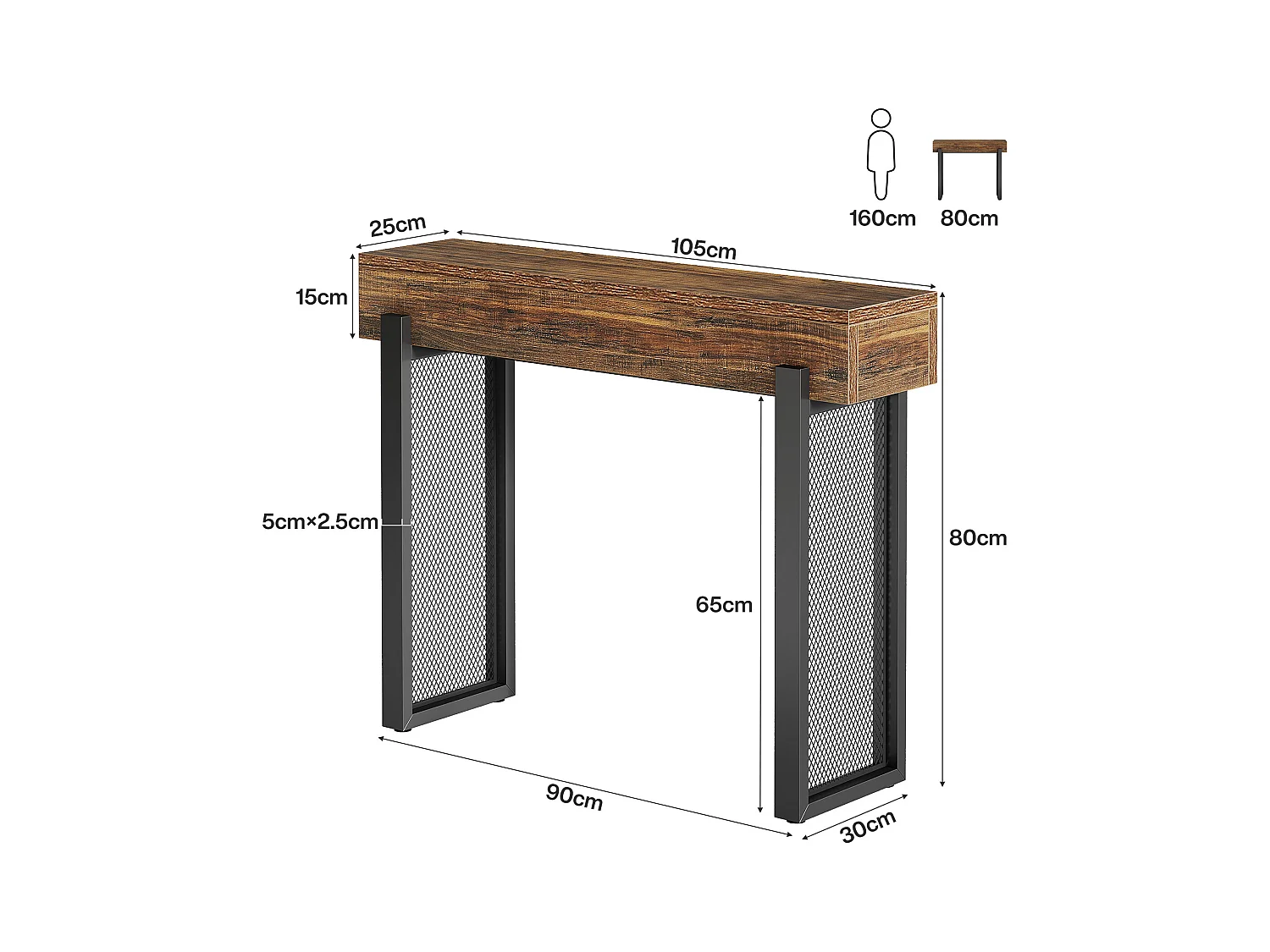 Console en bois de 105 cm avec rangement, petite table d'entrée industrielle avec pieds en métal maillé