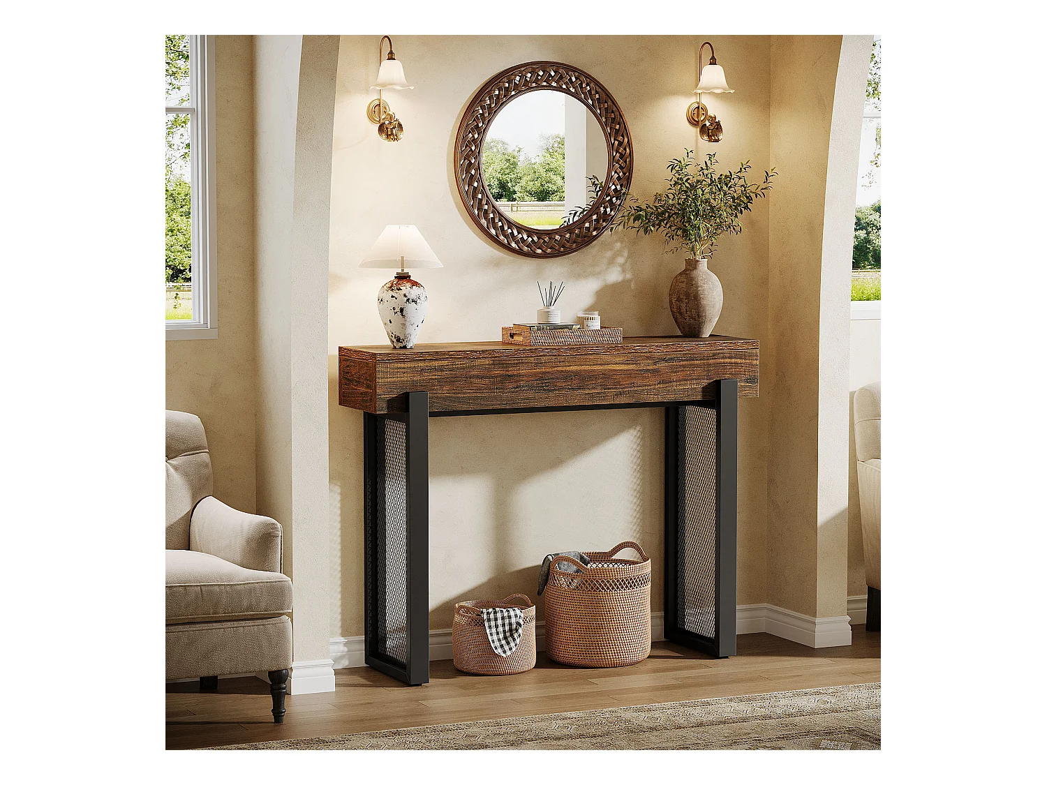 Console en bois de 105 cm avec rangement, petite table d'entrée industrielle avec pieds en métal maillé