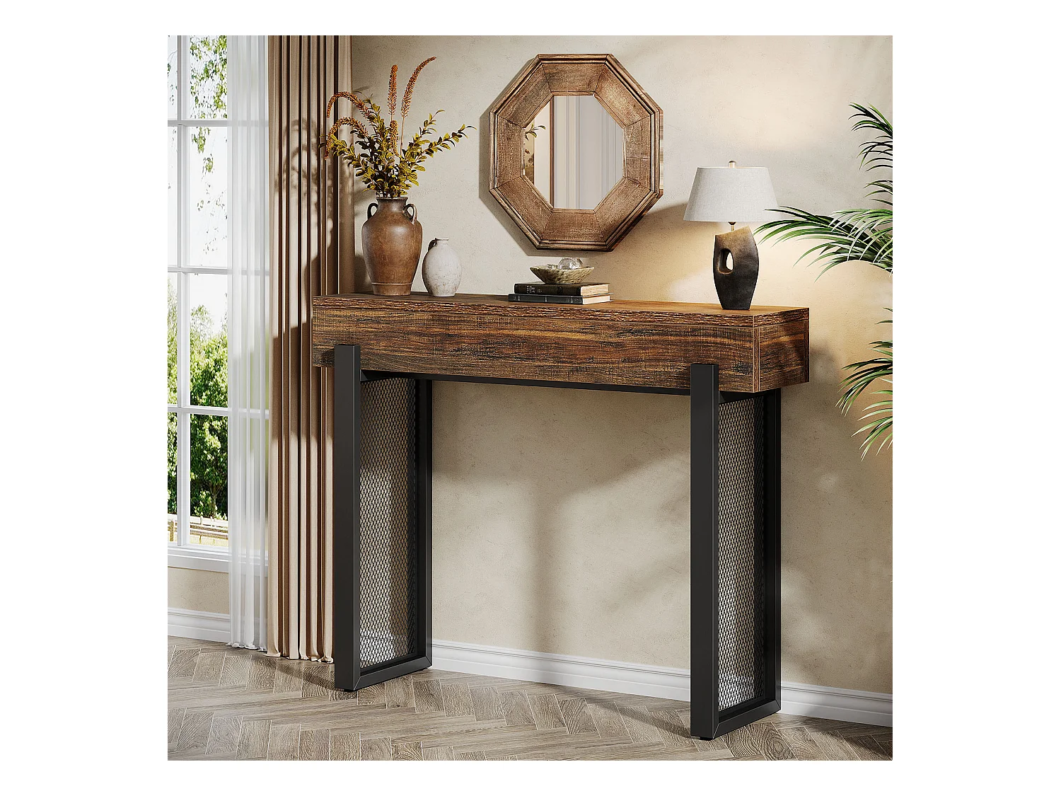 Console en bois de 105 cm avec rangement, petite table d'entrée industrielle avec pieds en métal maillé