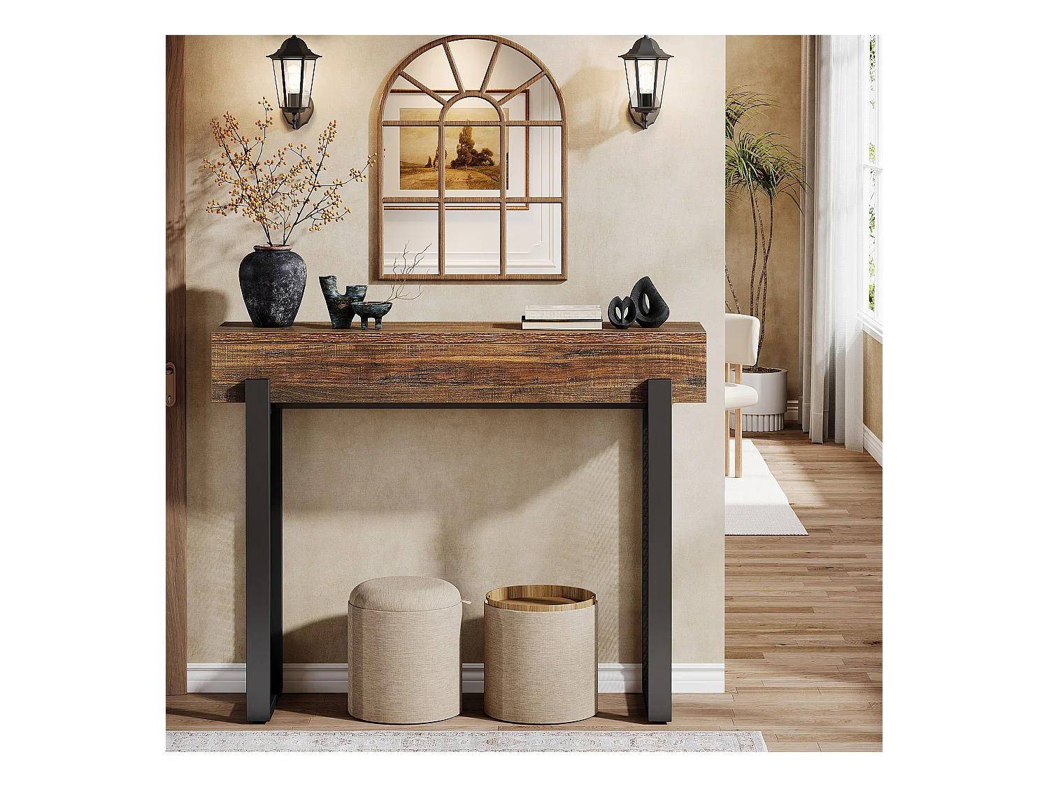 Console en bois de 105 cm avec rangement, petite table d'entrée industrielle avec pieds en métal maillé