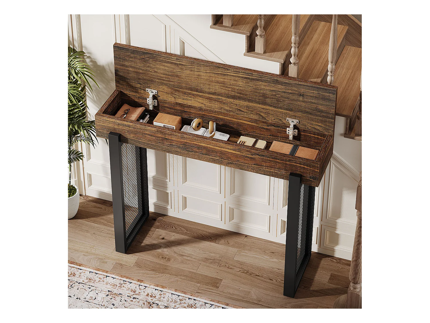 Console en bois de 105 cm avec rangement, petite table d'entrée industrielle avec pieds en métal maillé
