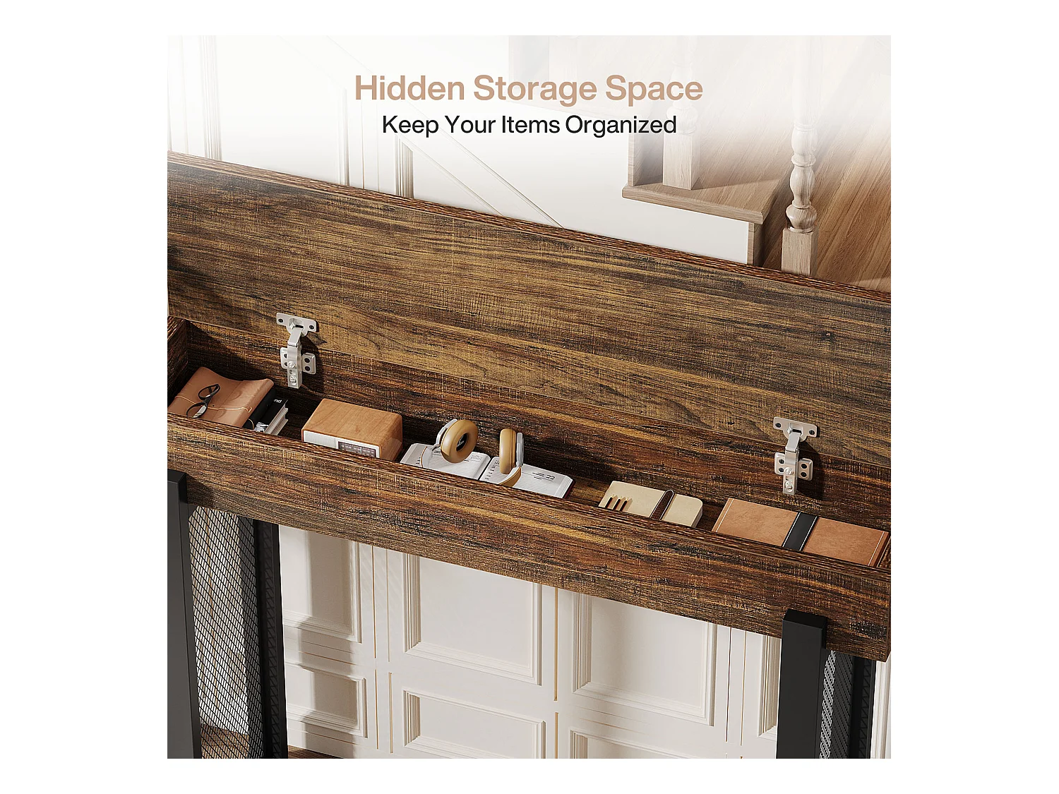 Console en bois de 105 cm avec rangement, petite table d'entrée industrielle avec pieds en métal maillé