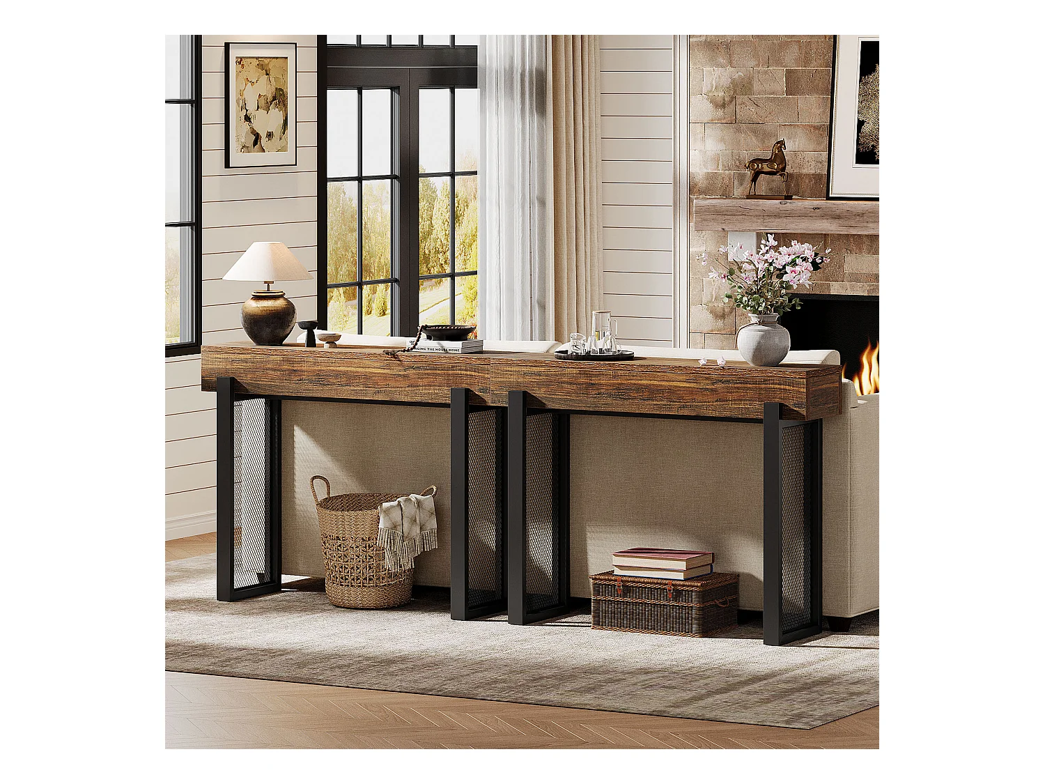 Console en bois de 105 cm avec rangement, petite table d'entrée industrielle avec pieds en métal maillé