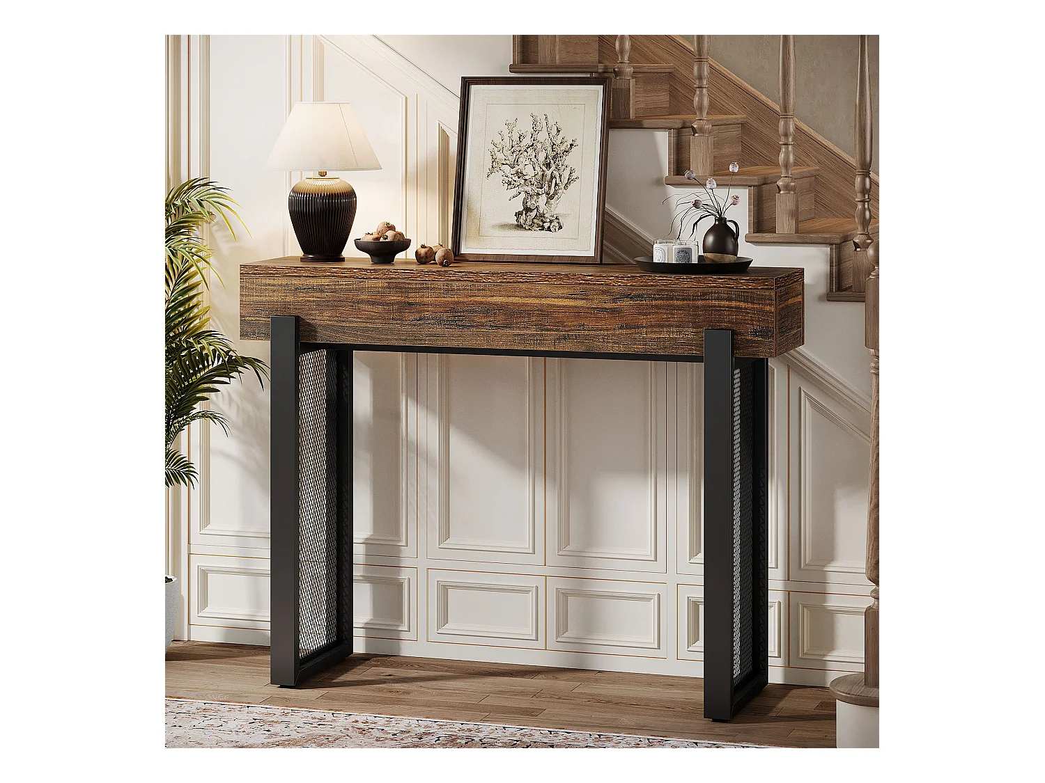 Console en bois de 105 cm avec rangement, petite table d'entrée industrielle avec pieds en métal maillé
