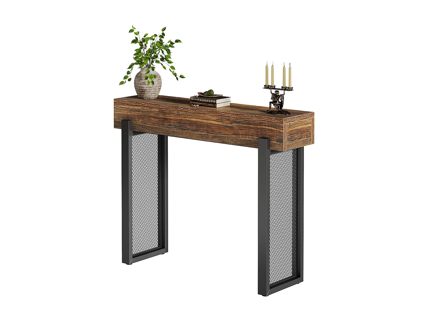 Console en bois de 105 cm avec rangement, petite table d'entrée industrielle avec pieds en métal maillé