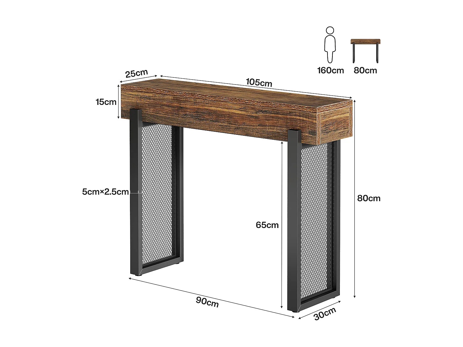Console en bois de 105 cm avec rangement, petite table d'entrée industrielle avec pieds en métal maillé