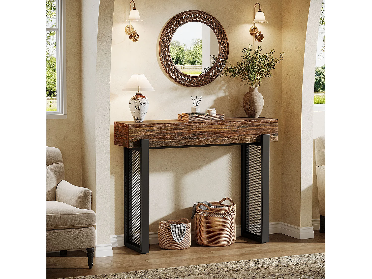 Console en bois de 105 cm avec rangement, petite table d'entrée industrielle avec pieds en métal maillé