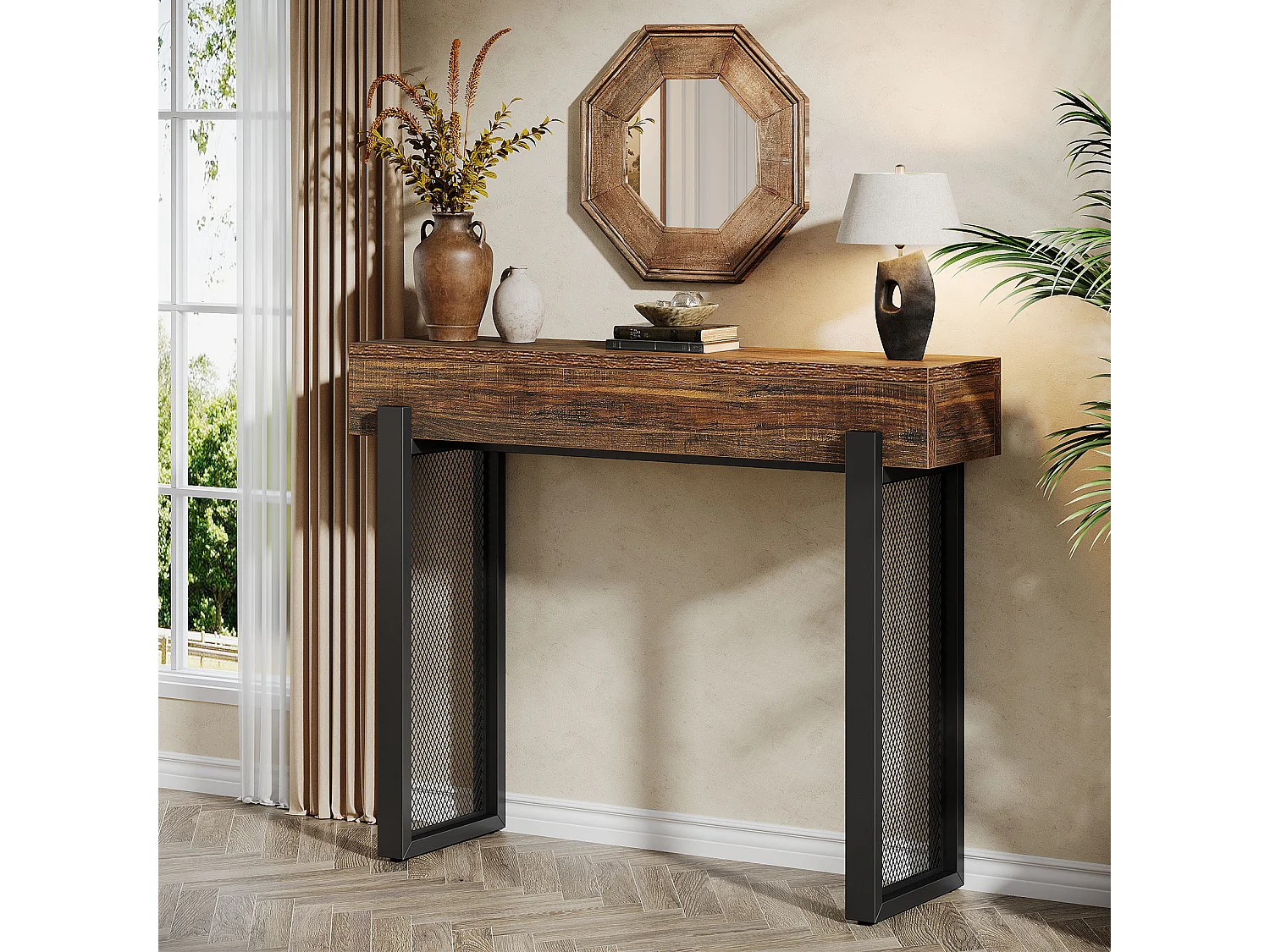 Console en bois de 105 cm avec rangement, petite table d'entrée industrielle avec pieds en métal maillé