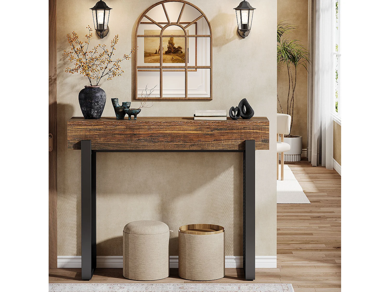 Console en bois de 105 cm avec rangement, petite table d'entrée industrielle avec pieds en métal maillé