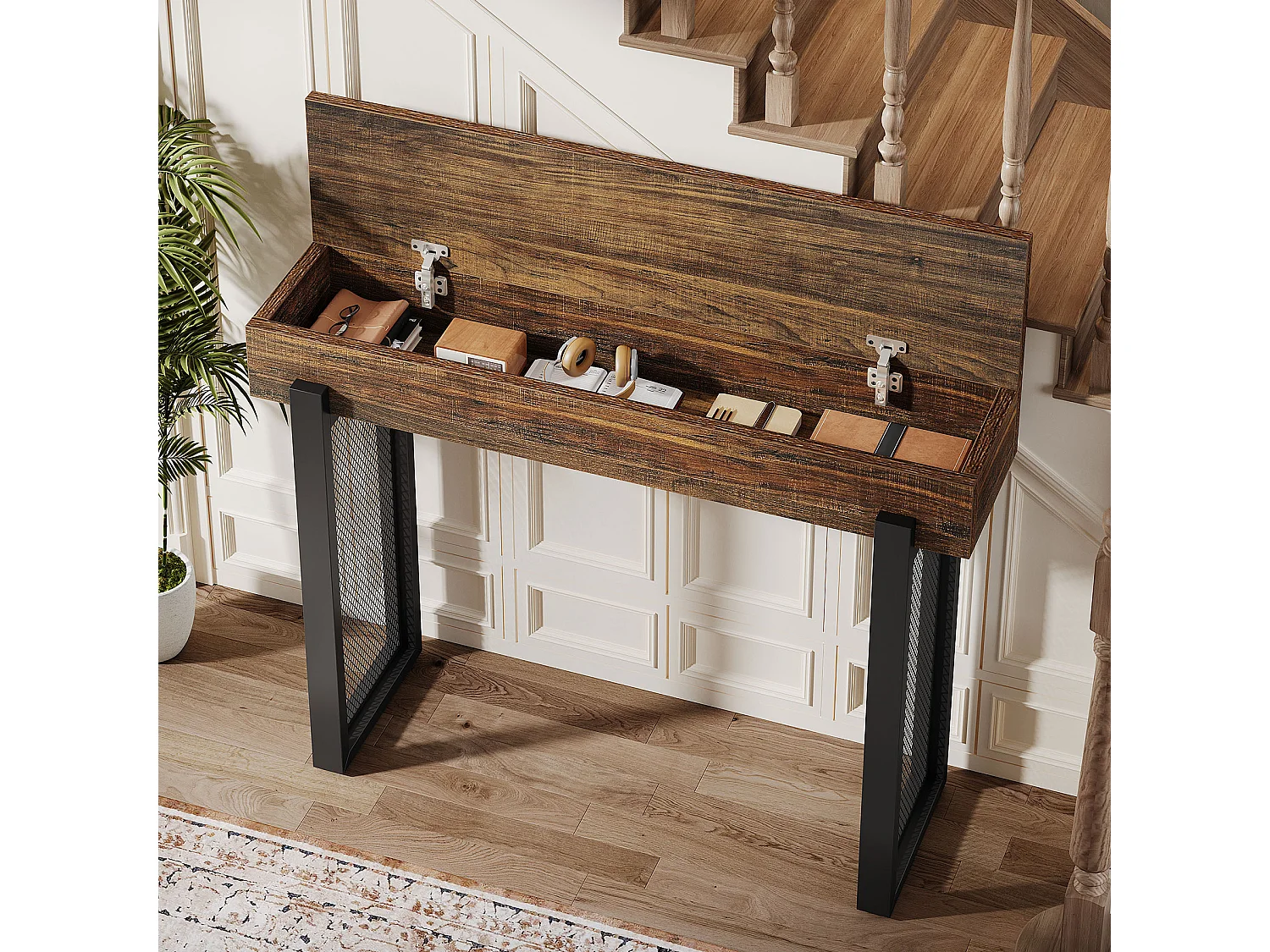 Console en bois de 105 cm avec rangement, petite table d'entrée industrielle avec pieds en métal maillé