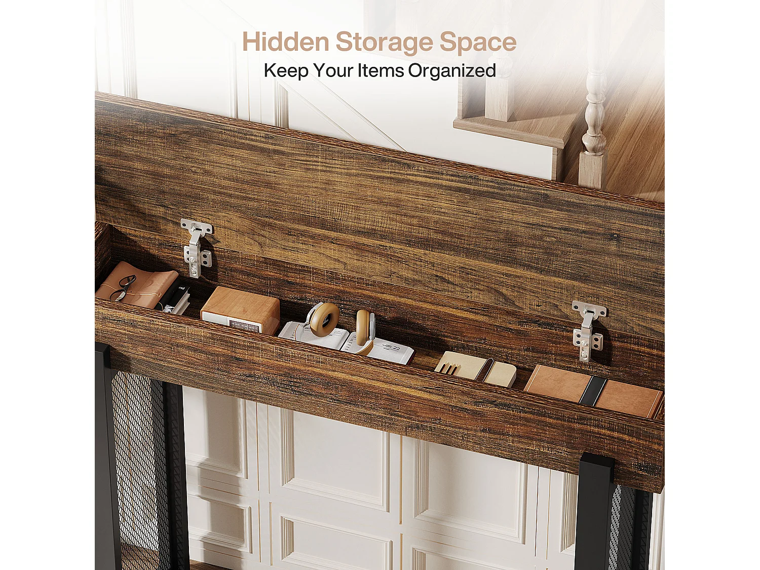 Console en bois de 105 cm avec rangement, petite table d'entrée industrielle avec pieds en métal maillé