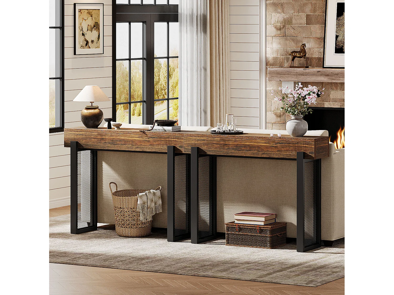 Console en bois de 105 cm avec rangement, petite table d'entrée industrielle avec pieds en métal maillé