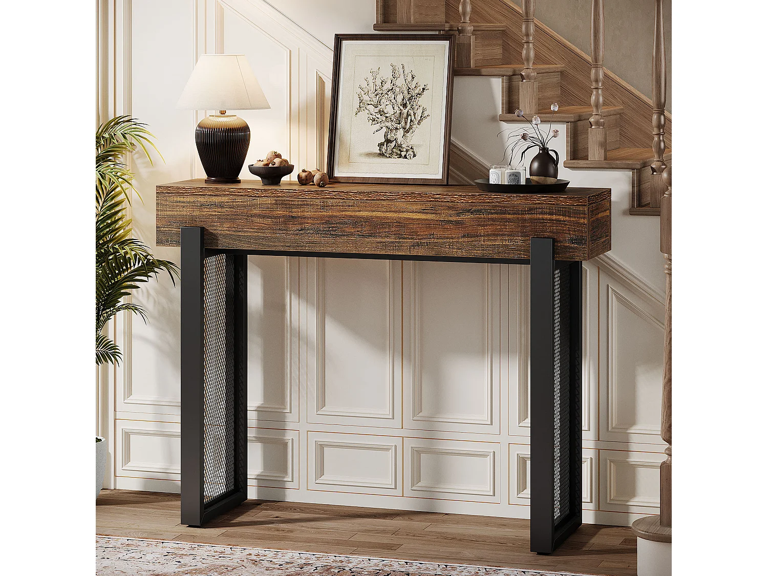 Console en bois de 105 cm avec rangement, petite table d'entrée industrielle avec pieds en métal maillé