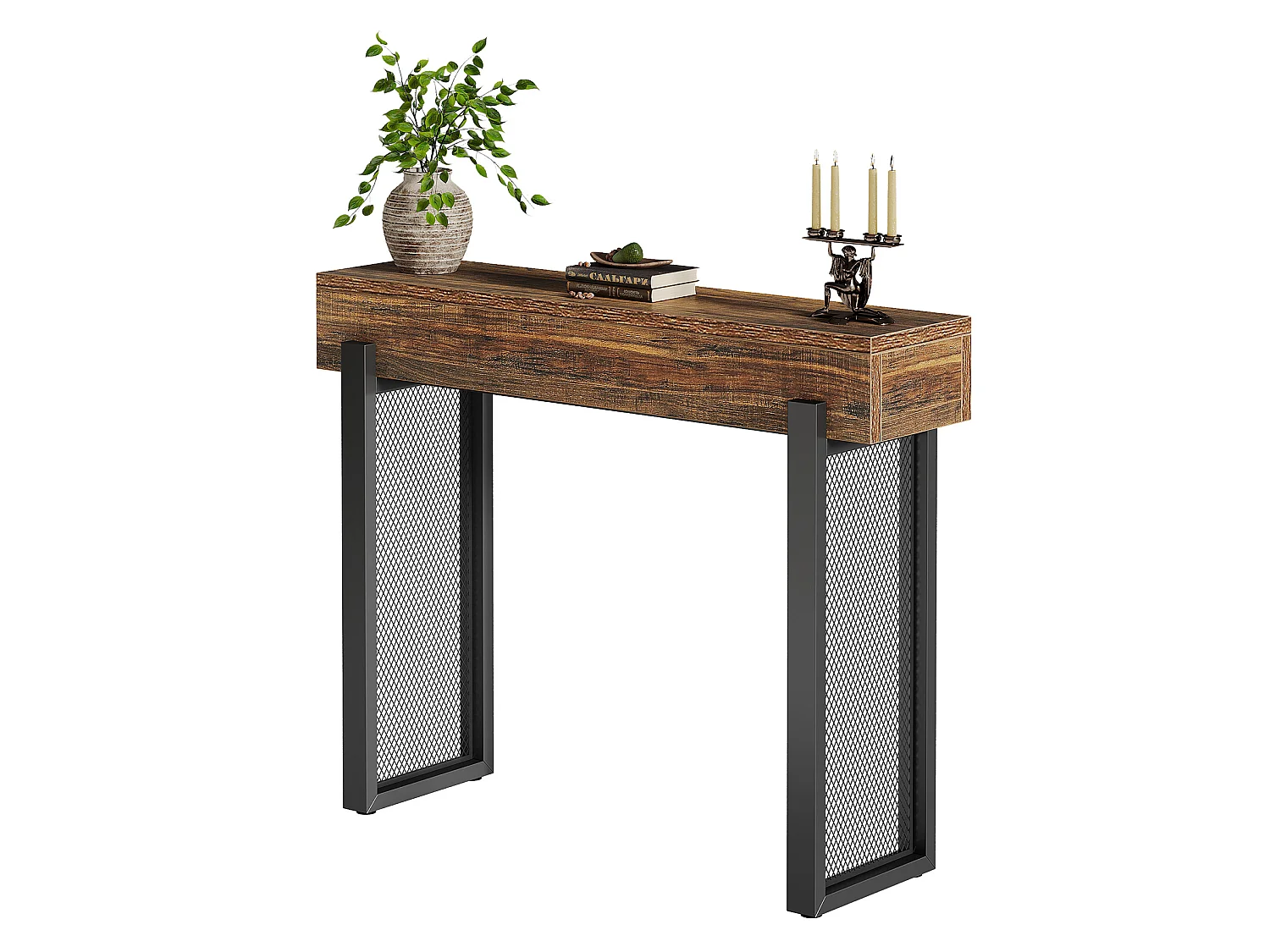 Console en bois de 105 cm avec rangement, petite table d'entrée industrielle avec pieds en métal maillé
