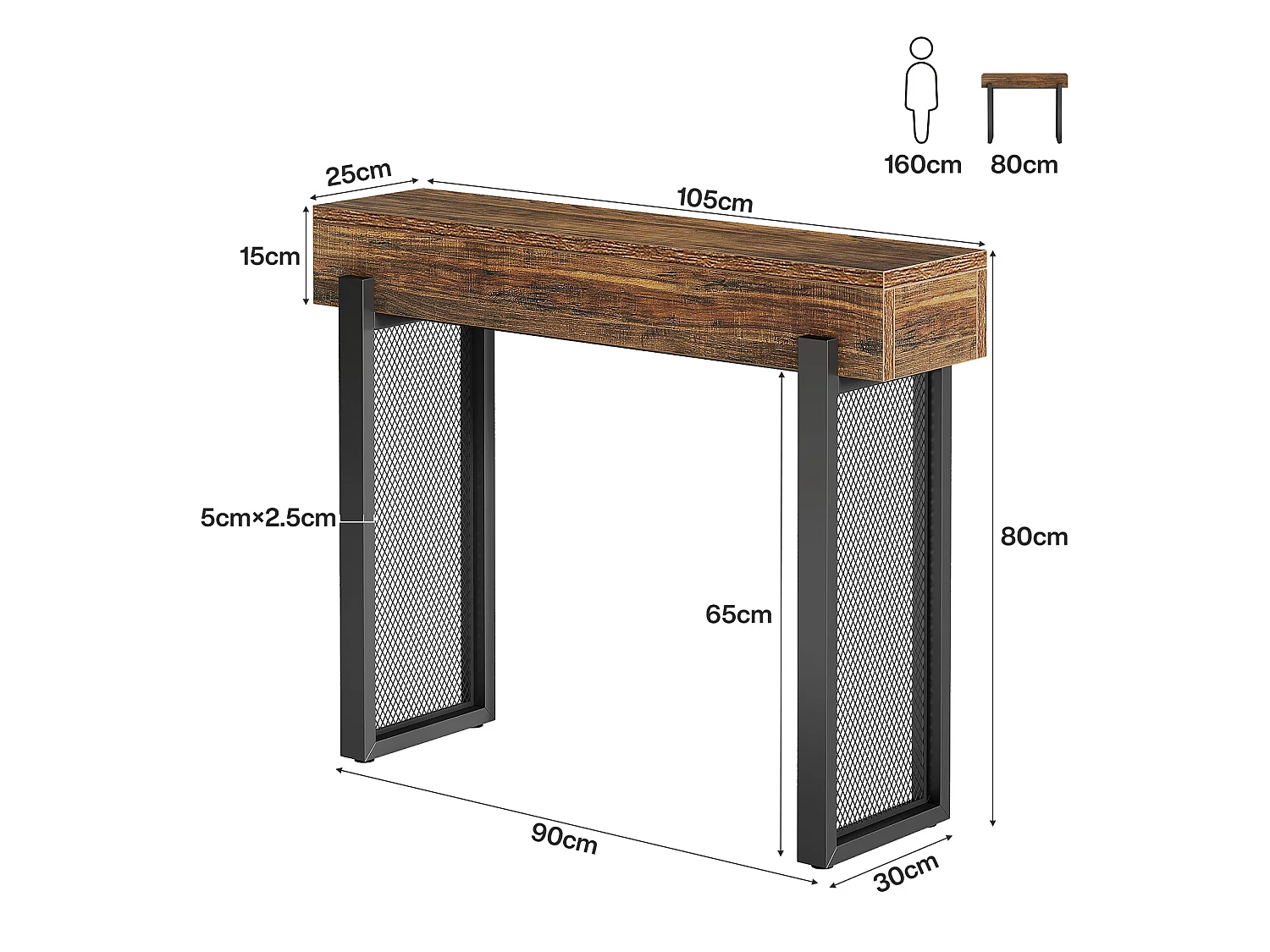 Console en bois de 105 cm avec rangement, petite table d'entrée industrielle avec pieds en métal maillé