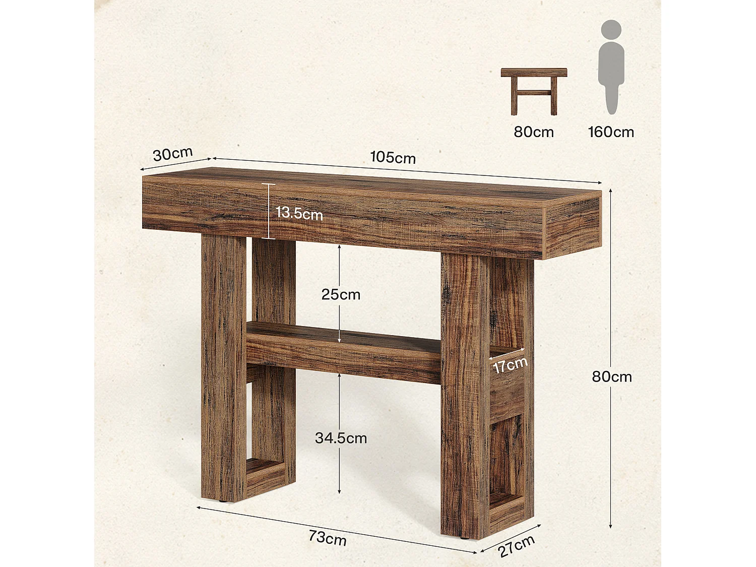 105 cm Bauernhaus-Konsolentisch, 2-Ebenen-Schmalsofatisch hinter der Couch, Eingangsbereichsmöbel mit Ablagefächern für den Flur