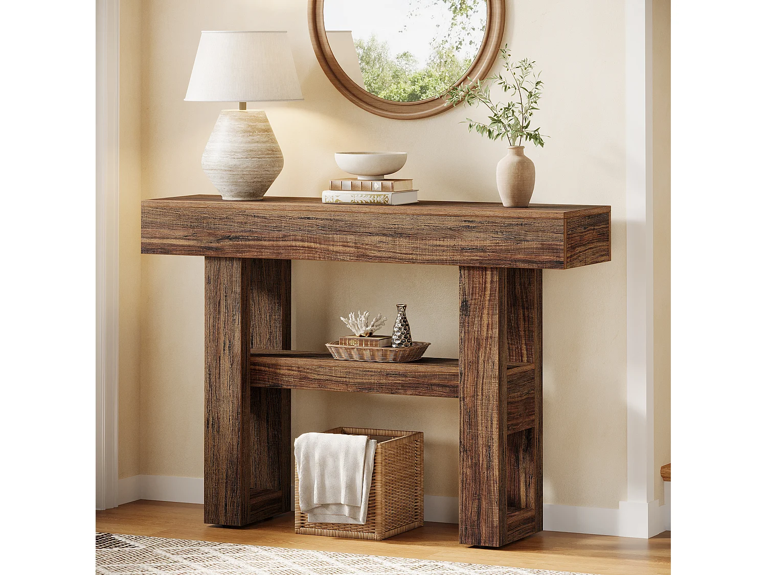 105 cm Bauernhaus-Konsolentisch, 2-Ebenen-Schmalsofatisch hinter der Couch, Eingangsbereichsmöbel mit Ablagefächern für den Flur