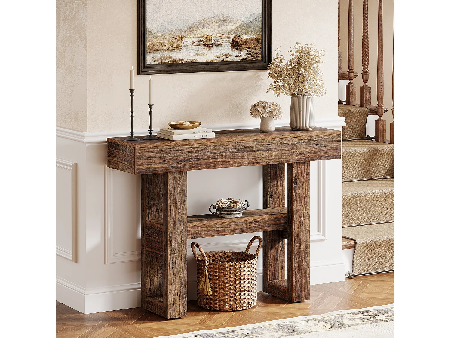 105 cm Bauernhaus-Konsolentisch, 2-Ebenen-Schmalsofatisch hinter der Couch, Eingangsbereichsmöbel mit Ablagefächern für den Flur