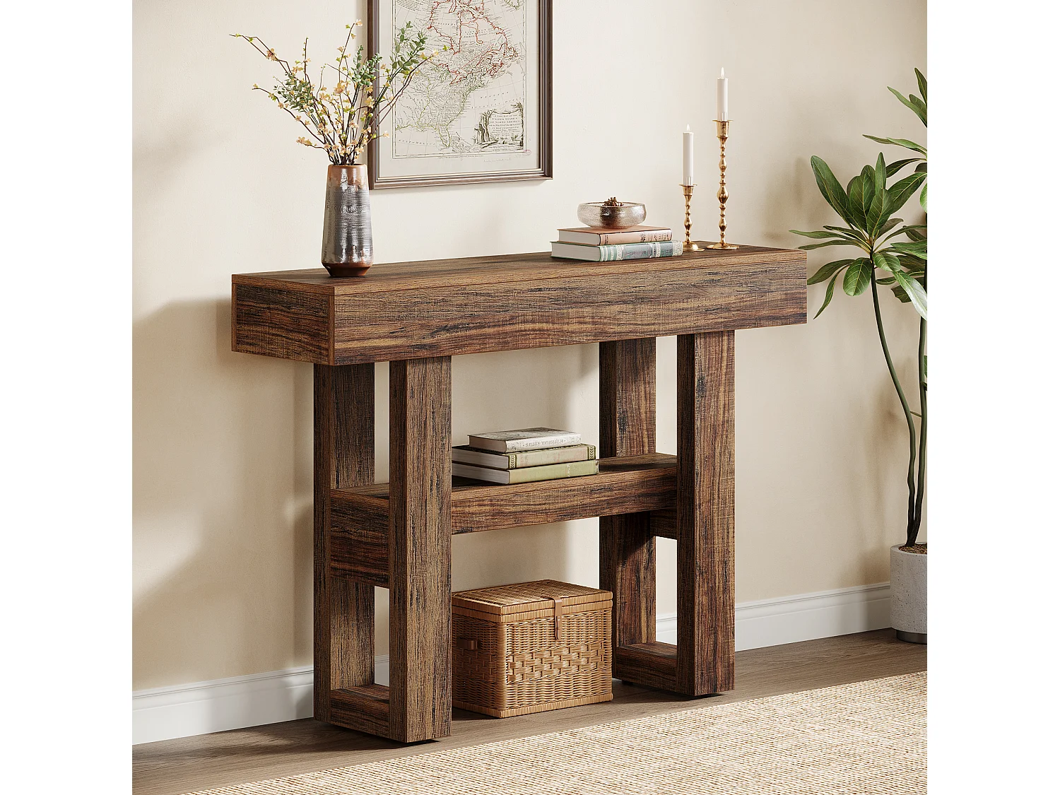 Console de style campagnard de 105 cm, table de canapé étroite à 2 niveaux derrière le canapé, meuble d'entrée avec étagères de rangement