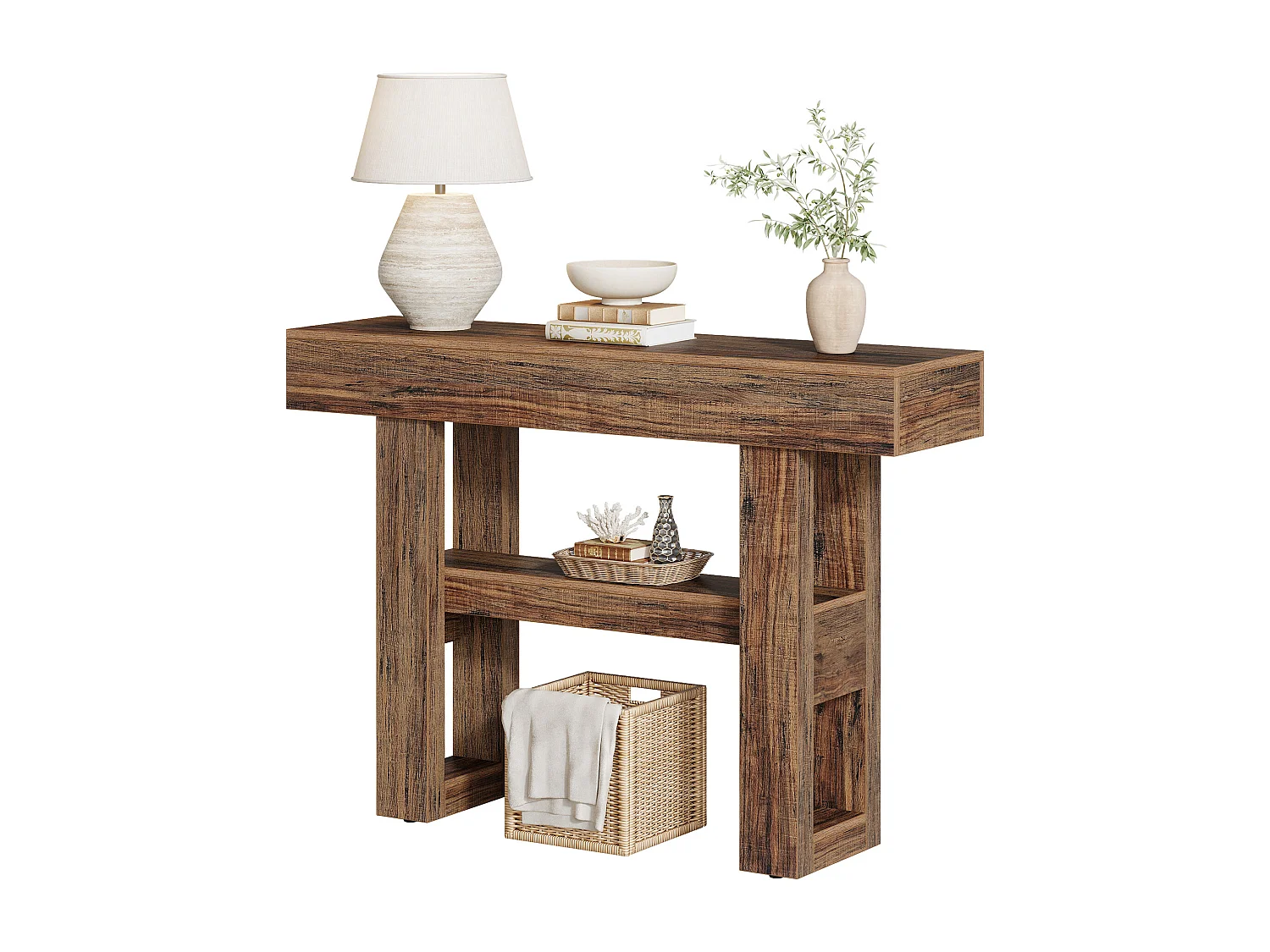 Console de style campagnard de 105 cm, table de canapé étroite à 2 niveaux derrière le canapé, meuble d'entrée avec étagères de rangement