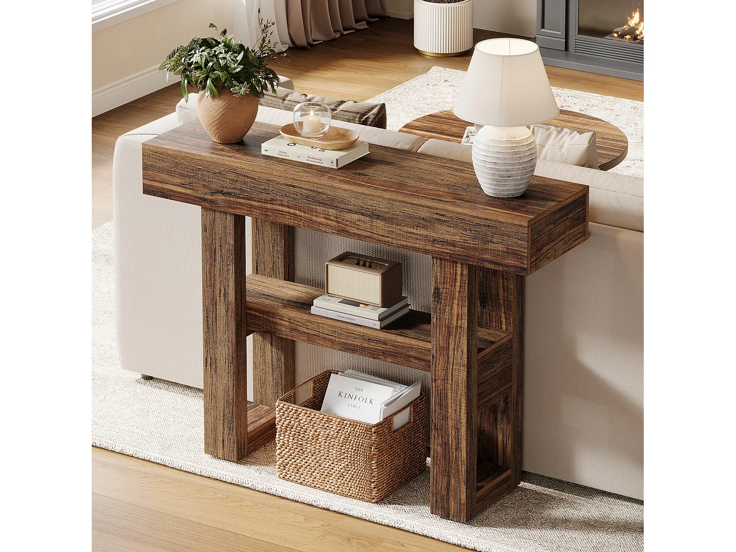 Console de style campagnard de 105 cm, table de canapé étroite à 2 niveaux derrière le canapé, meuble d'entrée avec étagères de rangement
