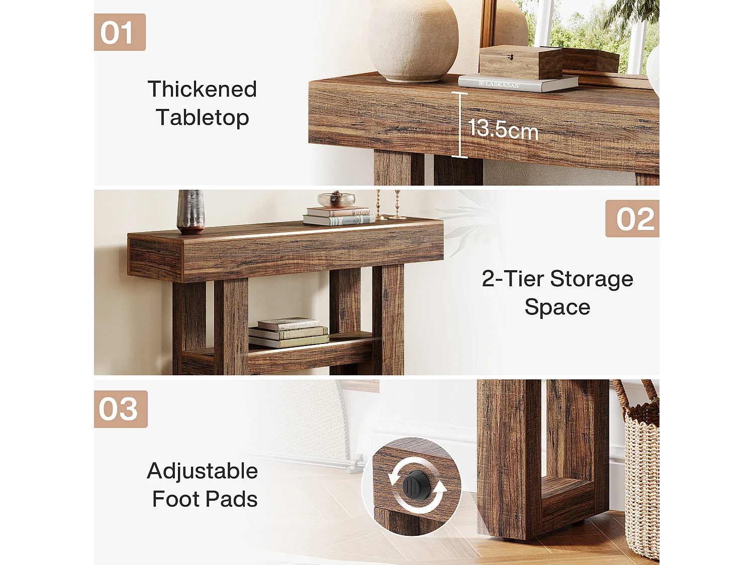 Console de style campagnard de 105 cm, table de canapé étroite à 2 niveaux derrière le canapé, meuble d'entrée avec étagères de rangement