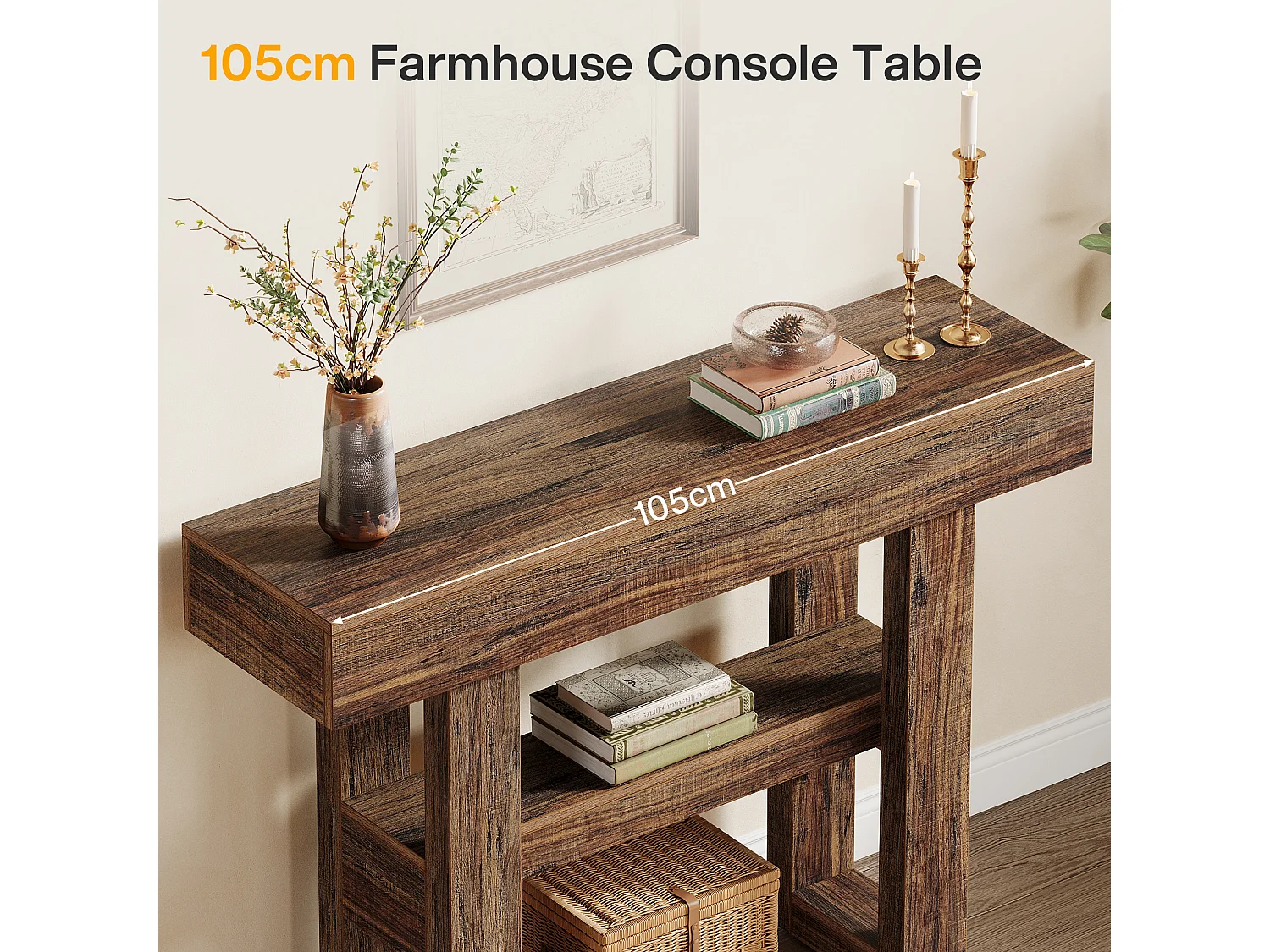 Console de style campagnard de 105 cm, table de canapé étroite à 2 niveaux derrière le canapé, meuble d'entrée avec étagères de rangement