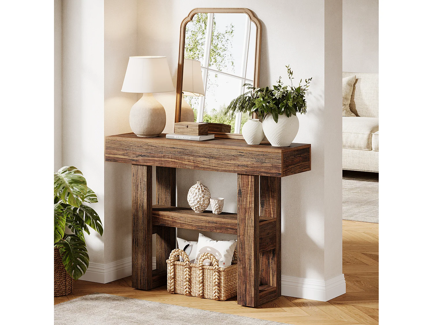 Console de style campagnard de 105 cm, table de canapé étroite à 2 niveaux derrière le canapé, meuble d'entrée avec étagères de rangement