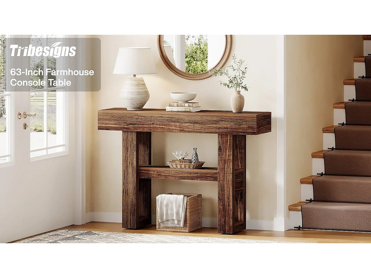 Console de style campagnard de 105 cm, table de canapé étroite à 2 niveaux derrière le canapé, meuble d'entrée avec étagères de rangement