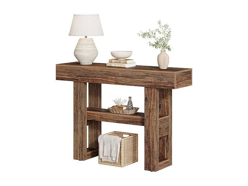 105 cm Farmhouse consoletafel, 2-laags smalle salontafel achter de bank, halmeubel met opbergplanken