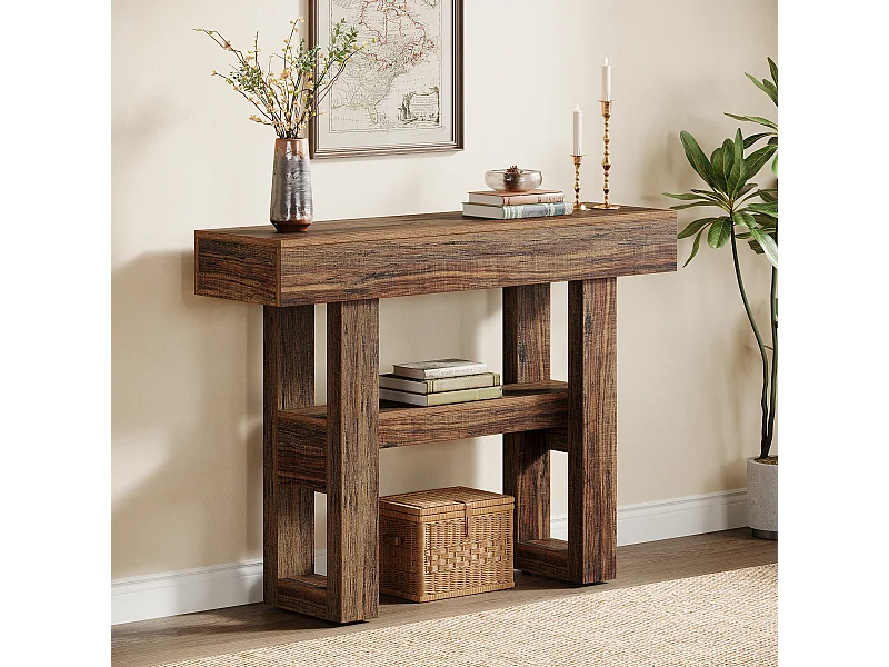 Console de style campagnard de 105 cm, table de canapé étroite à 2 niveaux derrière le canapé, meuble d'entrée avec étagères de rangement