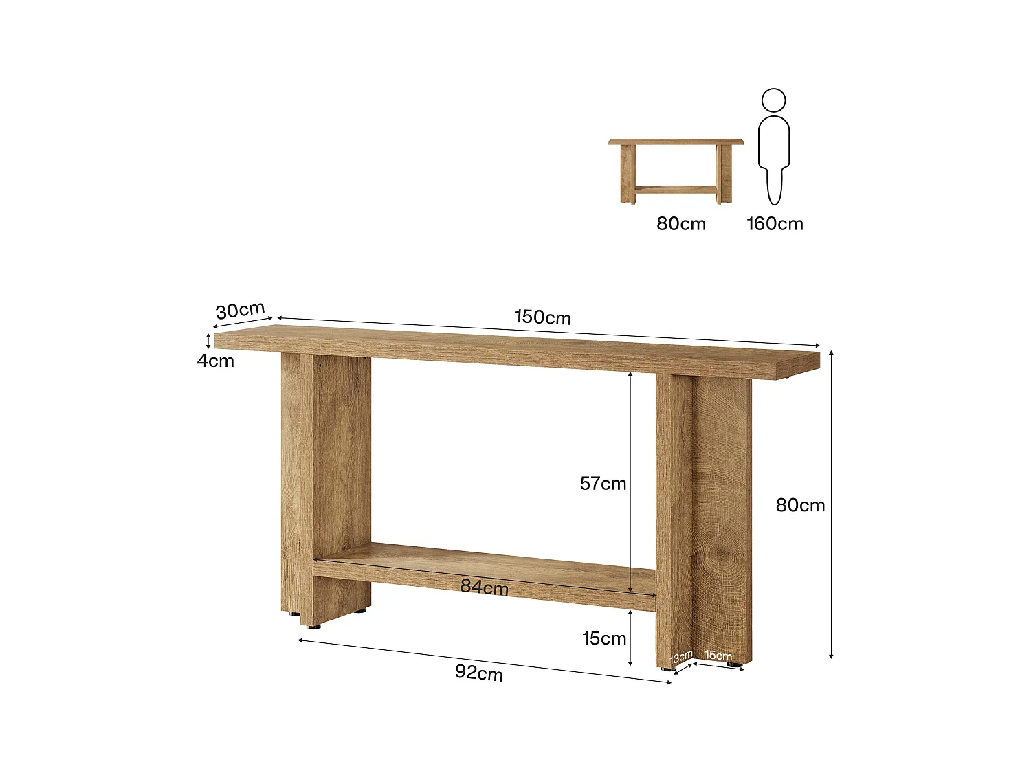 150 cm Einrichtungsanrichte für die Eingangszone, 2-Ebenen schmale, lange Sofatisch hinter der Couch für das Wohnzimmer
