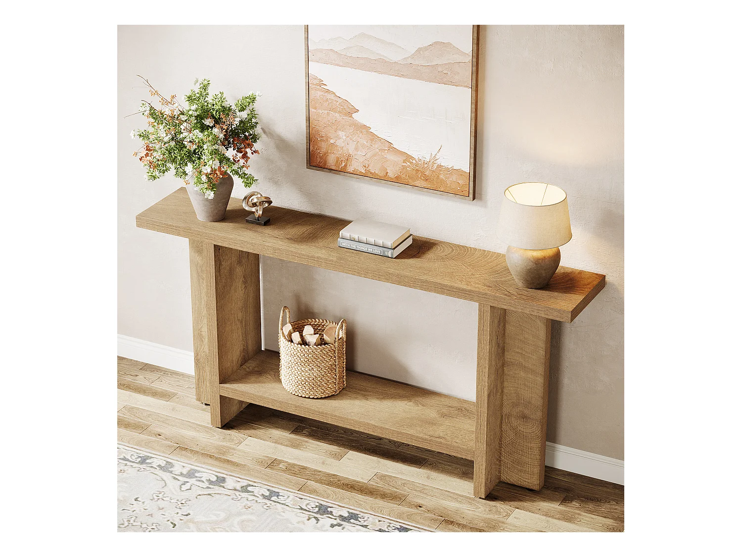 150 cm Einrichtungsanrichte für die Eingangszone, 2-Ebenen schmale, lange Sofatisch hinter der Couch für das Wohnzimmer