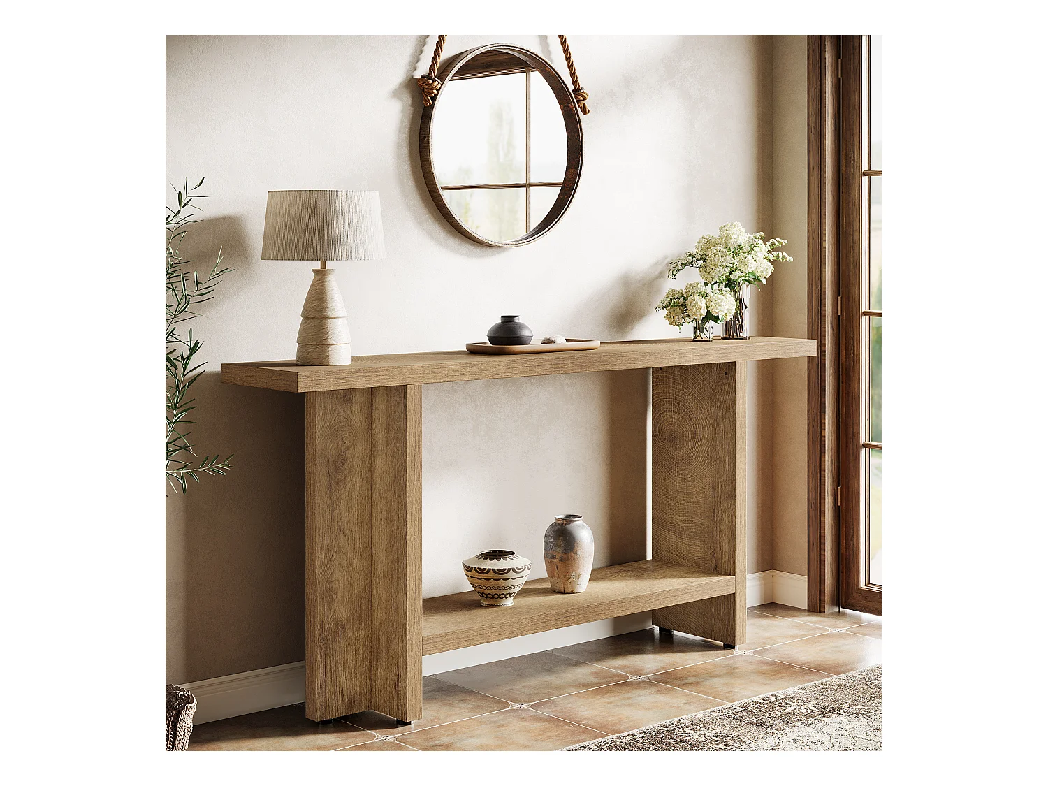 150 cm Einrichtungsanrichte für die Eingangszone, 2-Ebenen schmale, lange Sofatisch hinter der Couch für das Wohnzimmer