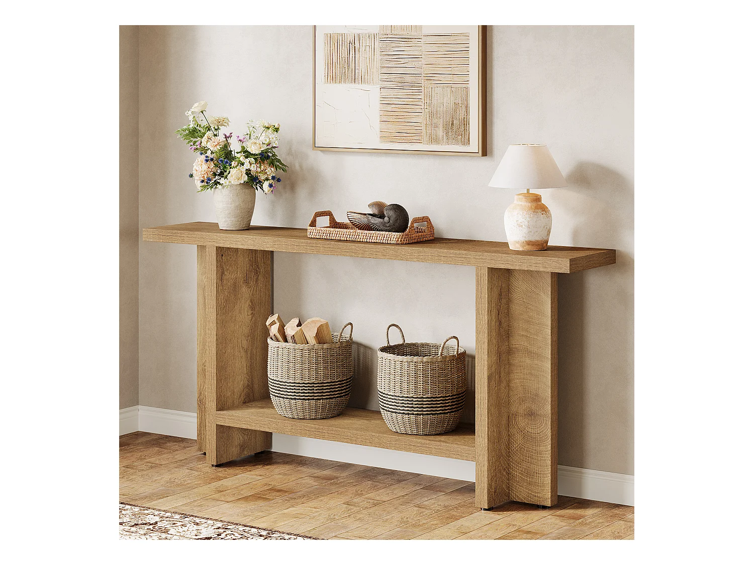 150 cm Einrichtungsanrichte für die Eingangszone, 2-Ebenen schmale, lange Sofatisch hinter der Couch für das Wohnzimmer