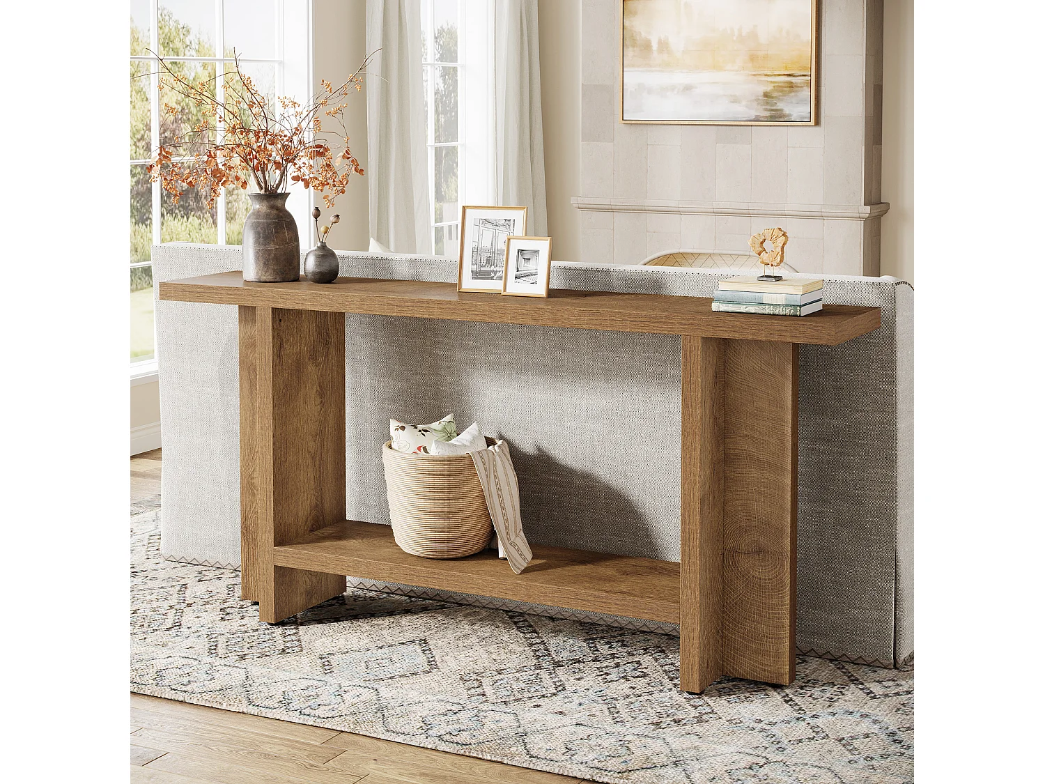 Console d'entrée de 150 cm, table de canapé longue et étroite à 2 niveaux derrière le canapé pour le salon