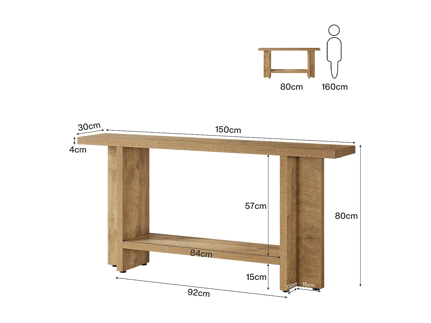 Console d'entrée de 150 cm, table de canapé longue et étroite à 2 niveaux derrière le canapé pour le salon