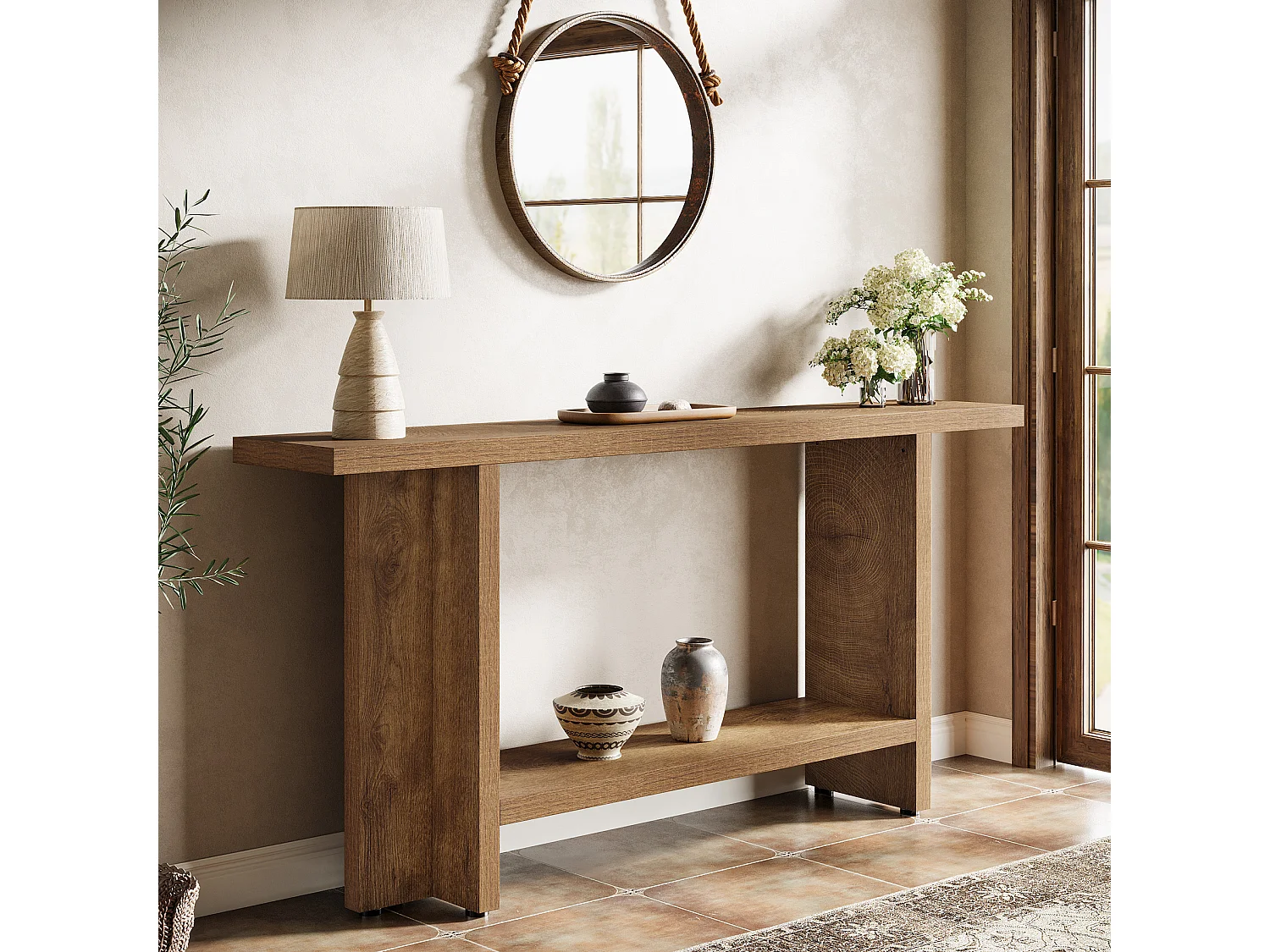 Console d'entrée de 150 cm, table de canapé longue et étroite à 2 niveaux derrière le canapé pour le salon