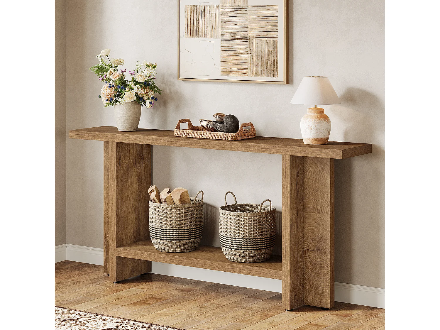Console d'entrée de 150 cm, table de canapé longue et étroite à 2 niveaux derrière le canapé pour le salon