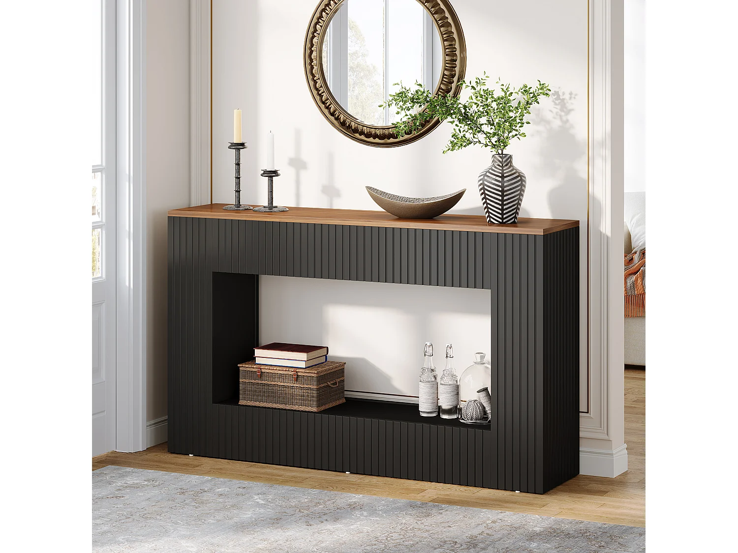 Moderner Konsolentisch, 140 cm langer Holztisch für die Eingangshalle mit Stauraum, schmaler langer Sofatisch