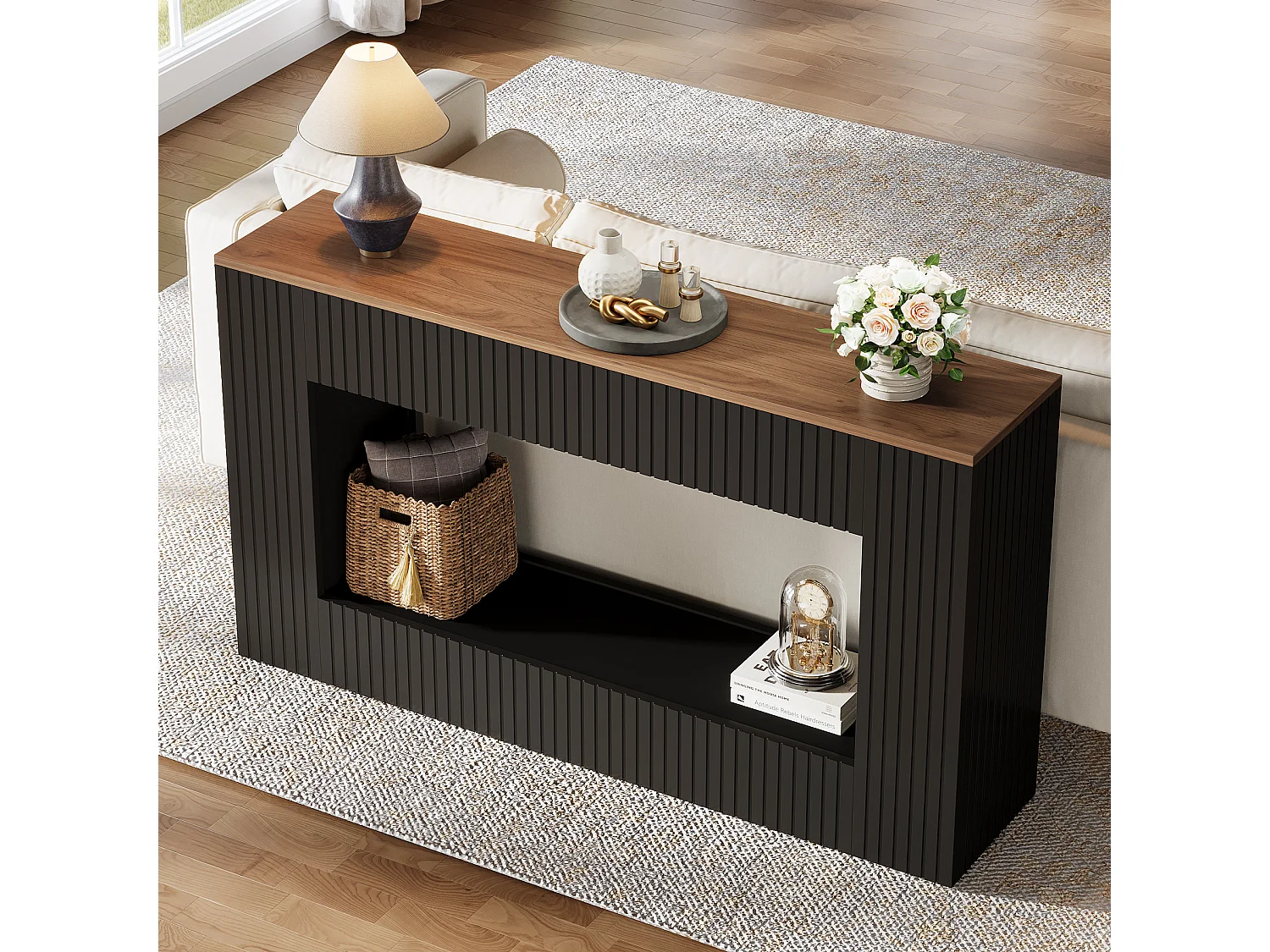 Moderner Konsolentisch, 140 cm langer Holztisch für die Eingangshalle mit Stauraum, schmaler langer Sofatisch