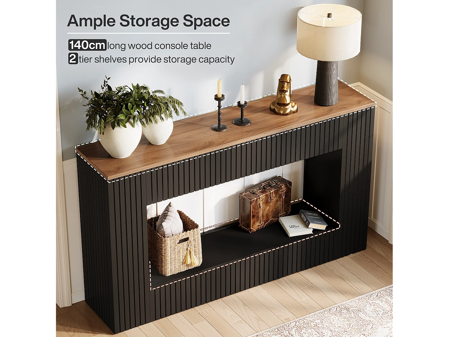 Moderner Konsolentisch, 140 cm langer Holztisch für die Eingangshalle mit Stauraum, schmaler langer Sofatisch