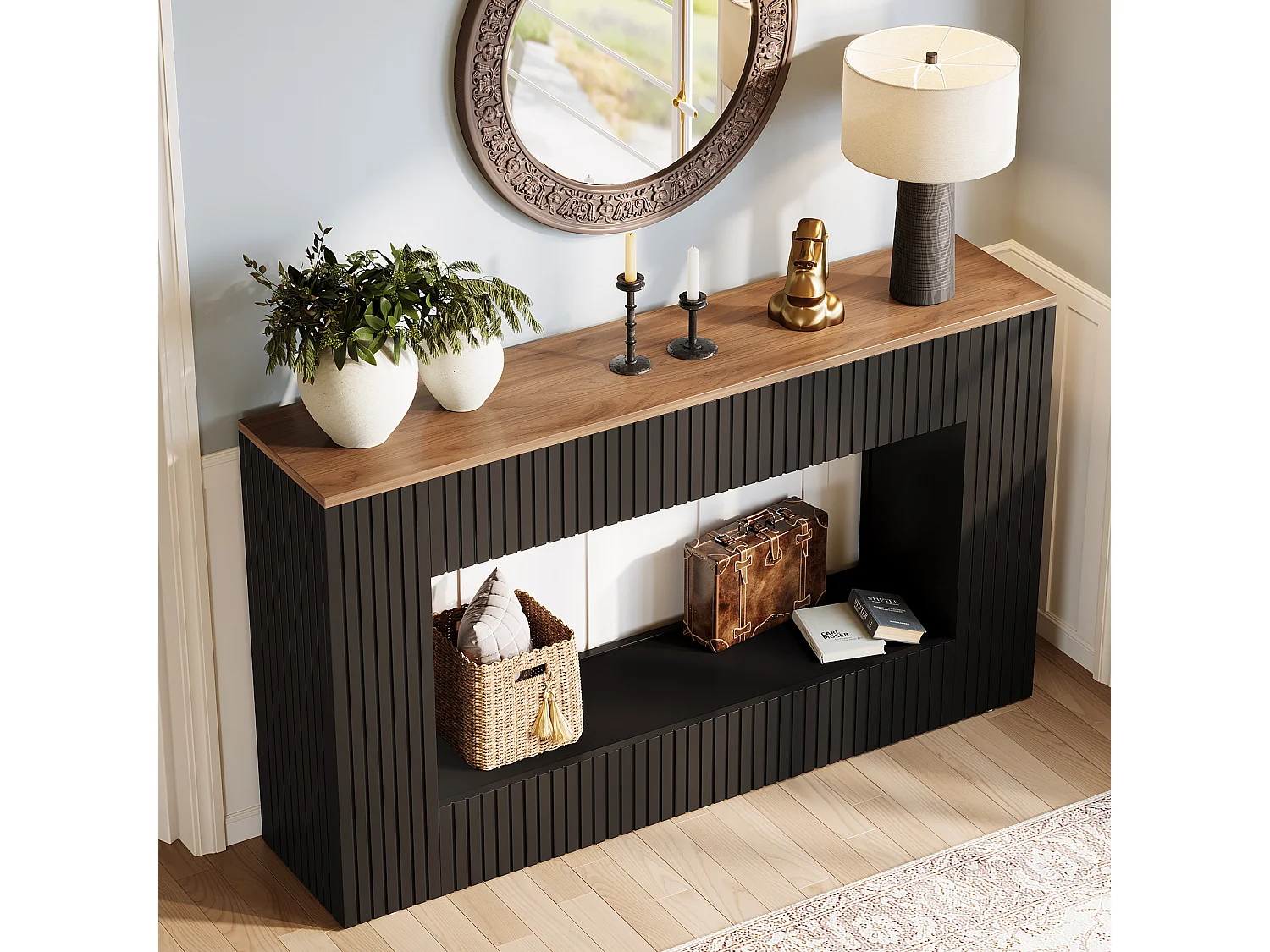 Console moderne, table d'entrée en bois de 140 cm avec rangement, table de canapé longue et étroite