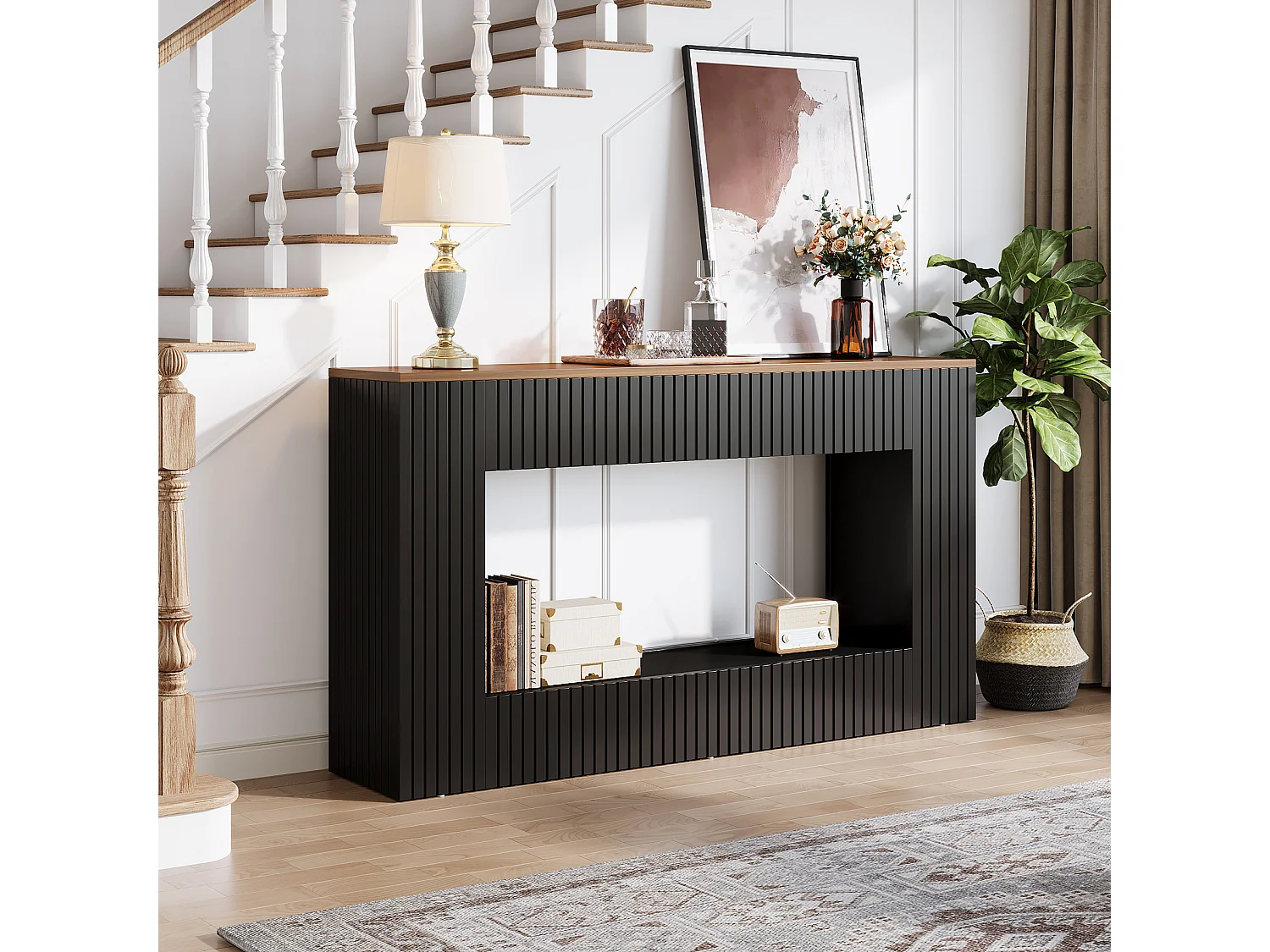 Console moderne, table d'entrée en bois de 140 cm avec rangement, table de canapé longue et étroite