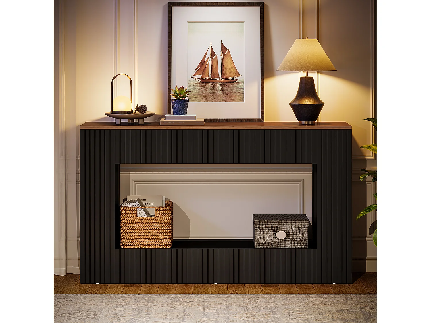 Console moderne, table d'entrée en bois de 140 cm avec rangement, table de canapé longue et étroite