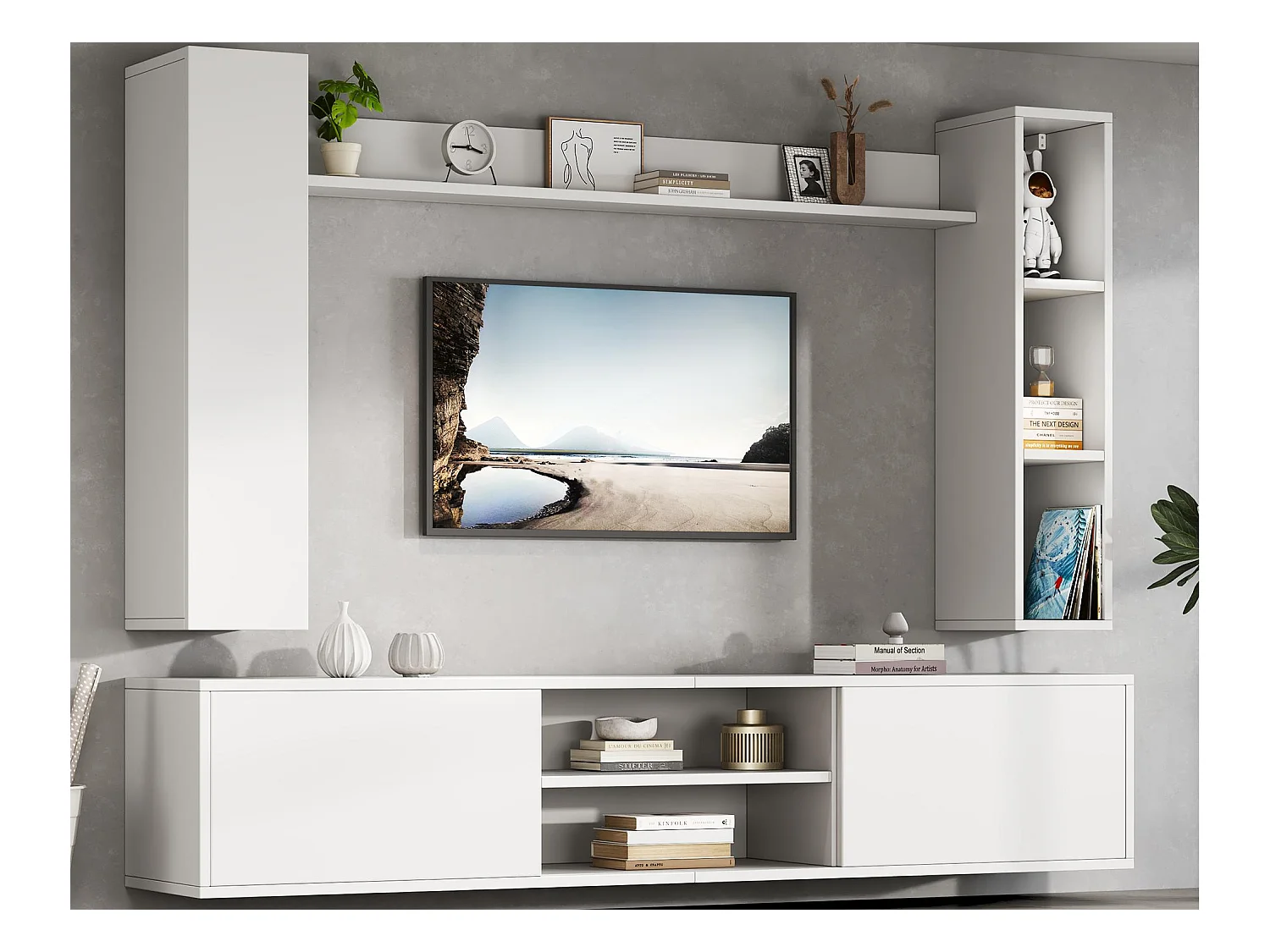 Ensemble meuble TV 4 pièces - meuble TV + 2 meuble mural + étagère murale - 1 porte et 2 portes abattantes - blanc