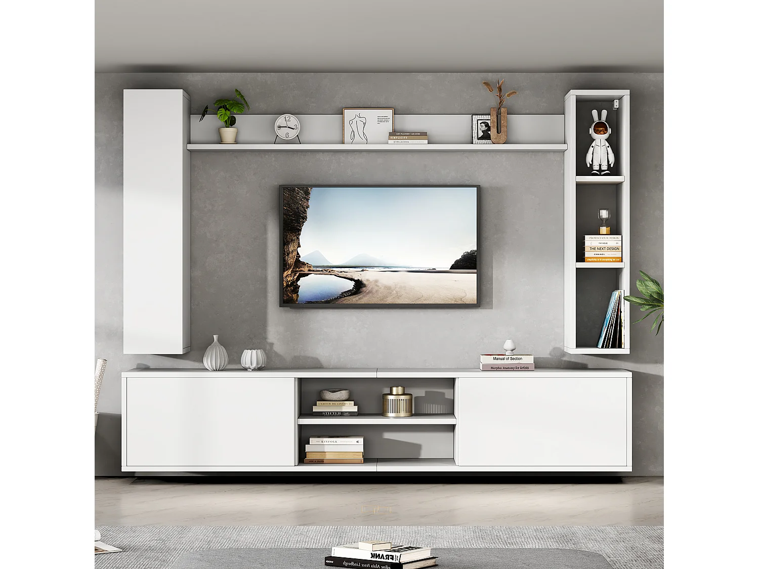 Conjunto de móvel para TV 4 peças - móvel para TV + 2 móveis de parede + prateleira de parede - 1 porta e 2 portas basculantes - branco